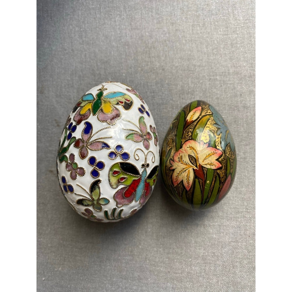 Vintage Easter Eggs Cloisonné Metal & Hand Painted Art Russian Egg Set s1